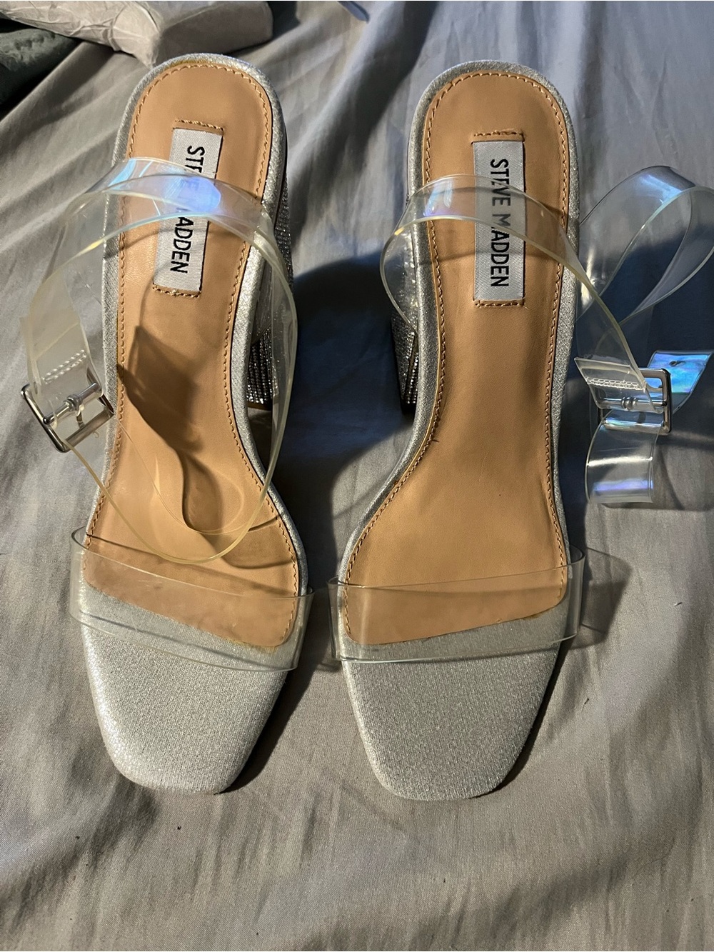 Steve Madden Silver Block Heel Sandals with Clear Straps Wedding, Prom Cocktail